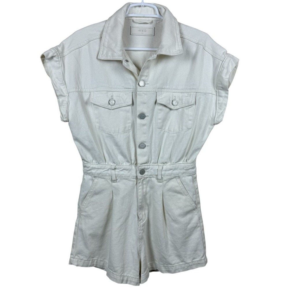 BLANKNYC Women's Utility Denim Romper Short Sleeve Collared Cream Size Small